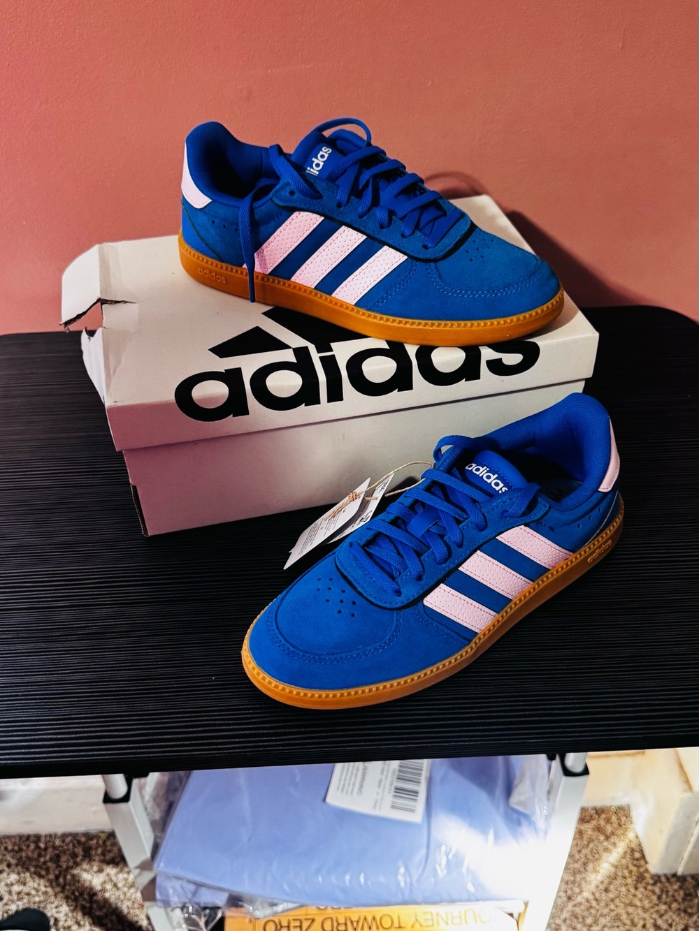 adidas Women’s Breaknet sleek Royal Blue Sneakers with Pink Stripes and Gum Sole